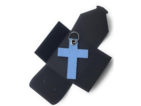Filz-Schlüsselanhänger - Kreuz gross - eisblau/blau - Gravur