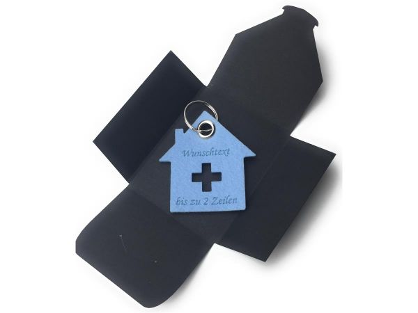 Filz-Schlüsselanhänger - Haus mit Kreuz - eisblau/blau - Gravur optional