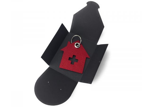 Filz-Schlüsselanhänger - Haus mit Kreuz - weinrot/rot - Gravur optional