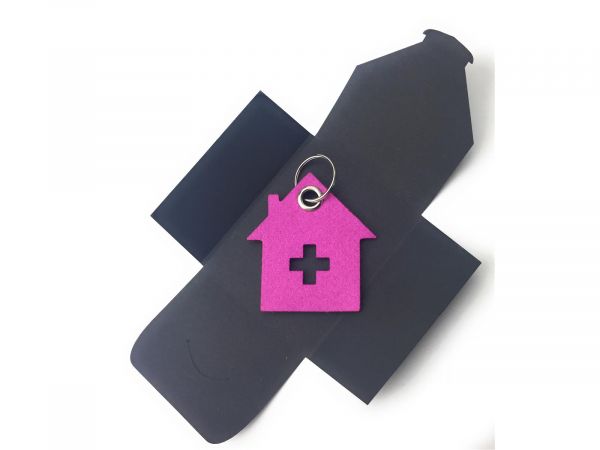 Filz-Schlüsselanhänger - Haus mit Kreuz - pink - Gravur optional