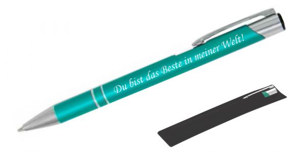Kugelschreiber LIBO in aquamarin inkl. individueller Gravur - in Samthülle