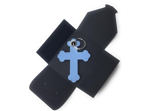 Filz-Schlüsselanhänger - Kreuz Barock - eisblau/blau - Gravur